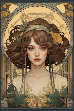 Art Nouveau Illustration of a beautiful girl in a wreath on her head.の素材