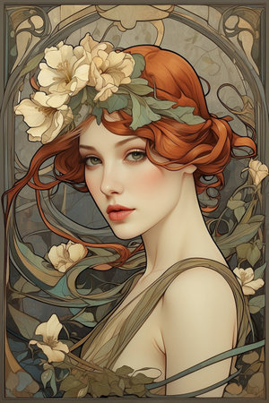 Art Nouveau Portrait of a beautiful girl in a wreath of flowers.の素材