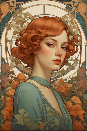 Art Nouveau portrait of a beautiful girl with curly hair. Vector illustration.の素材