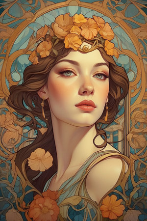 Art Nouveau Portrait of a beautiful girl with flowers in her hair. Vector illustration.の素材