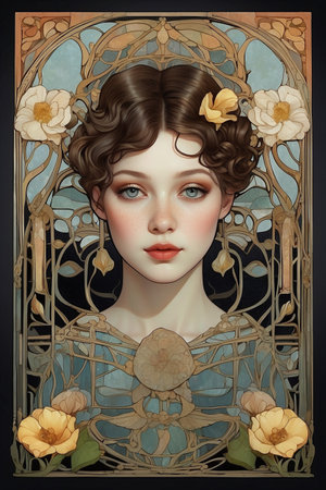 Art Nouveau portrait of beautiful girl with flowers in her hair in a frameの素材