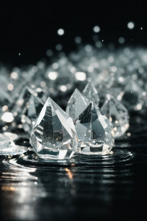 diamonds on a black background with water drops, close upの素材