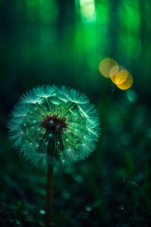 Beautiful dandelion flower on green grass background in the forestの素材