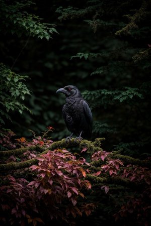 Black crow sitting on a tree branch in autumn forest. Toned.の素材