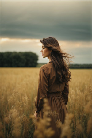 Beautiful young woman in a wheat field at sunset. Beauty, fashion.の素材