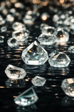 diamonds on a black background with reflection, close-upの素材
