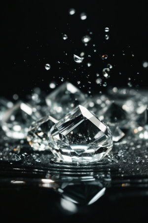 Ice cubes and water drops on black background. Shallow depth of field.の素材