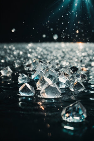 Ice cubes on a dark background with a beam of light and bokehの素材
