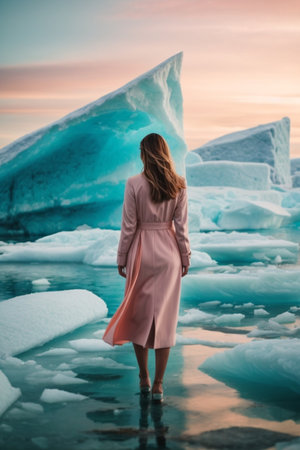 A young woman in a pink dress stands in front of a large iceberg.の素材