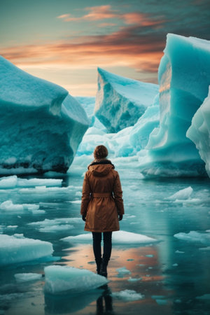 Woman looking at icebergs in Jokulsarlon glacial lagoon, Icelandの素材
