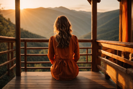 Young woman sitting on terrace and looking at sunset in mountains.の素材