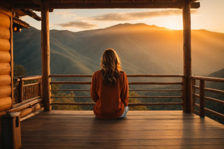Young woman sitting on a wooden terrace in the mountains at sunsetの素材