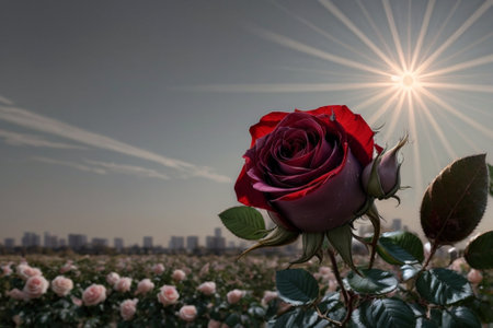 Beautiful red rose on the background of the city and the sunの素材