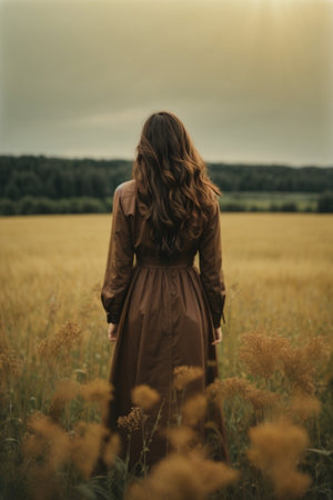 Girl in a brown dress on a wheat field at sunset. Back view.の素材
