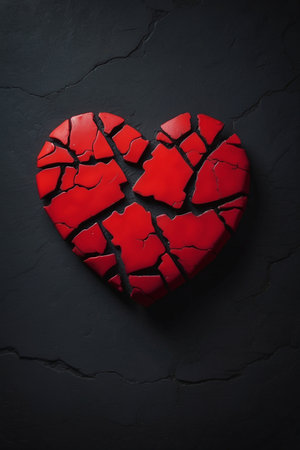 Broken heart on black stone background.の素材