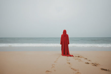 woman in red cloak on the beach with foggy sea background.の素材