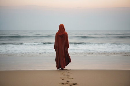 Silhouette of a Muslim woman in red robe walking on the beachの素材
