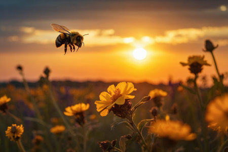 Bee on yellow flower with sunset background. Honey bee on flower.の素材