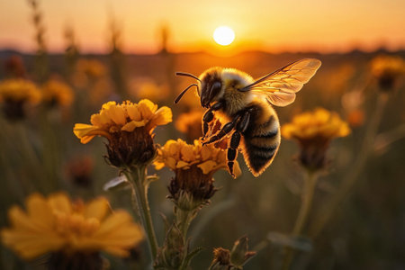 Bee on yellow flowers at sunset in the field. Beautiful nature background.の素材
