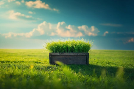 Green grass in a wooden box on a background of blue sky.の素材