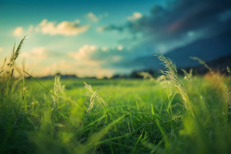 Grass field with blue sky and cloud background. Vintage tone.の素材