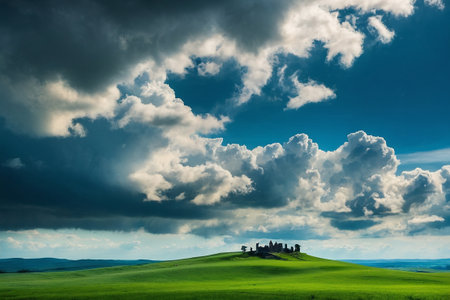 Dramatic sky over ruins of medieval castle in Tuscany, Italyの素材
