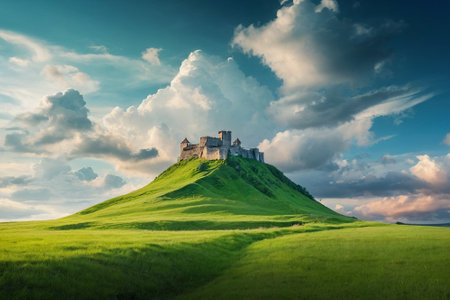 Beautiful landscape with medieval castle on green hill and blue sky with cloudsの素材