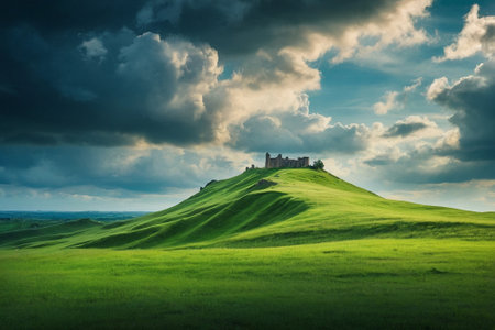 Tuscany landscape with castle and green meadow under cloudy skyの素材