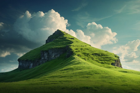 beautiful landscape with green meadow and mountain under blue sky with cloudsの素材