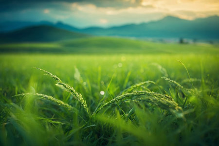 Green rice field at sunset with mountains in the background. Nature backgroundの素材