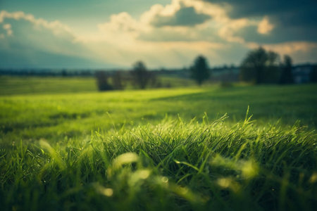 Green grass in the meadow at sunset. Beautiful nature background.の素材