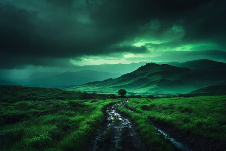 Landscape of green grass field and dark stormy sky at sunsetの素材