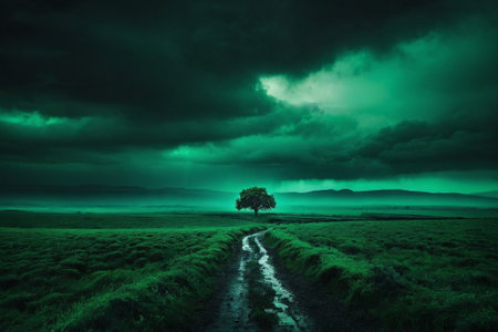 Lonely tree in the meadow with dark stormy skyの素材