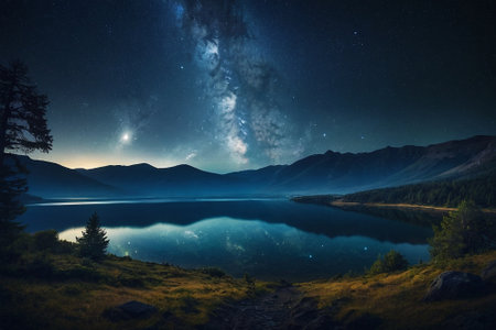 Milky way over the mountain lake in the mountains. Night landscapeの素材