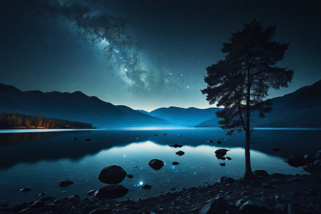 Mountain lake at night with starry sky and milky wayの素材