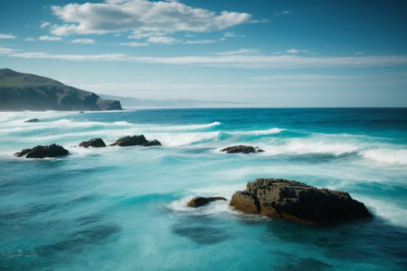 Beautiful seascape with turquoise water and rocks. Long exposure shot.の素材