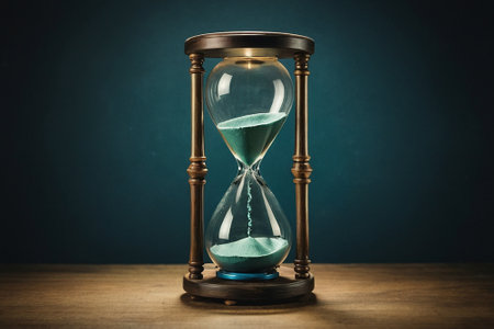 Hourglass on wooden table and blue background. Time passing concept.の素材