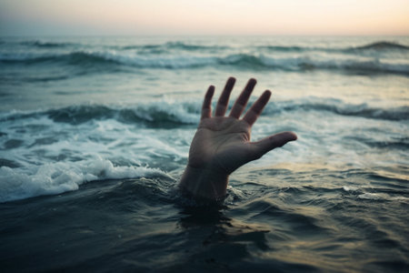 Man drowning in the sea with his hand outstretched in the waterの素材