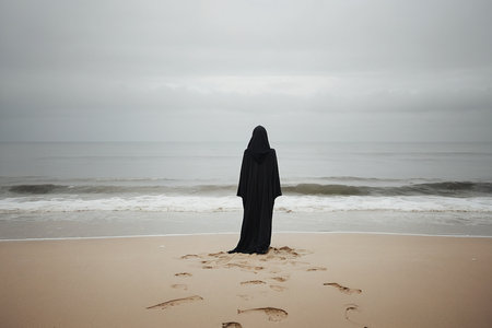 Woman in black niqab walking on the beach by the seaの素材