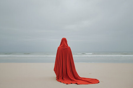 Woman in red cloak on the beach. Selective focus. Shallow depth of fieldの素材
