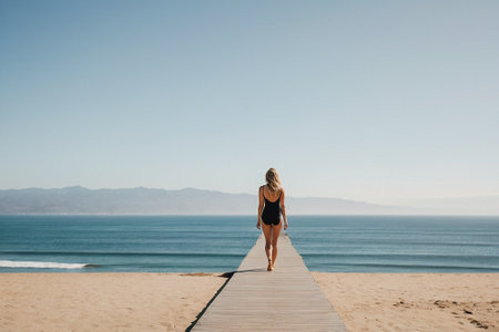 Beautiful young woman in black swimsuit walking on a wooden pier on a sunny day.の素材