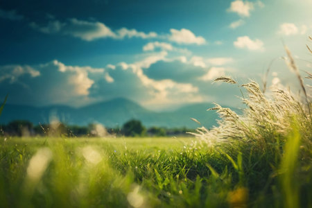Grass flower on the meadow with blue sky and mountain backgroundの素材