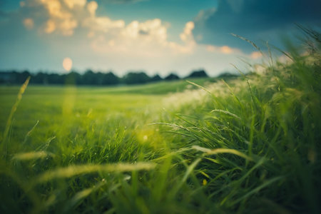 Green meadow with grass and blue sky with clouds. Nature backgroundの素材