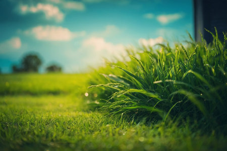 Green grass field with blue sky and white clouds background. Vintage toneの素材