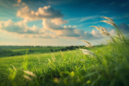 Beautiful summer landscape with green grass and blue sky. Beautiful nature background.の素材