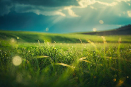 Green meadow in the rays of the setting sun. Nature backgroundの素材