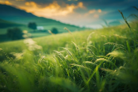 Green meadow at sunset. Beautiful nature background. Vintage tonedの素材