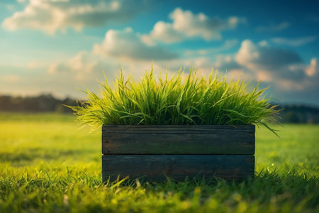 Green grass in a wooden box on the grass. Nature background.の素材