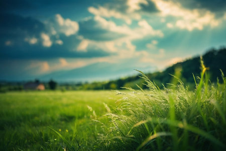 Green meadow with grass and blue sky with clouds. Nature backgroundの素材