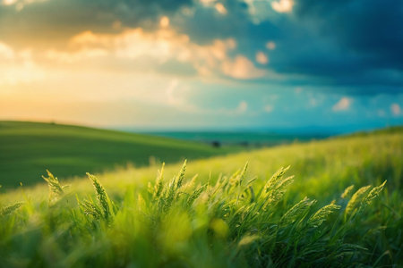 Sunset over green field with grass and blue sky. Nature backgroundの素材